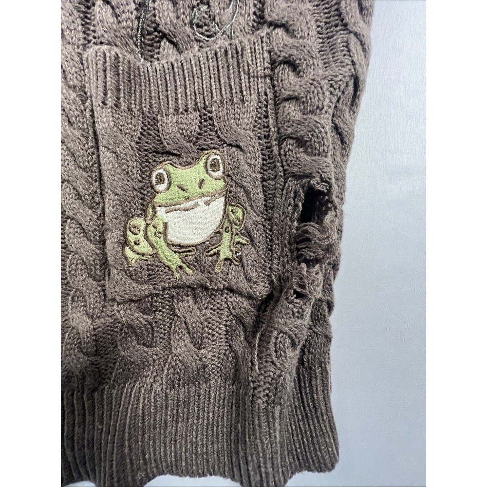 Embroidered Mushroom Frog Distressed Cardigan Sweater Large Brown BNWT Hot topic - Picture 7 of 15
